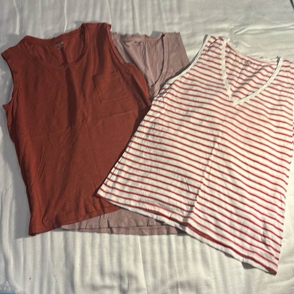 Madewell Tank Tops in Rust, Mauve, and Striped Red